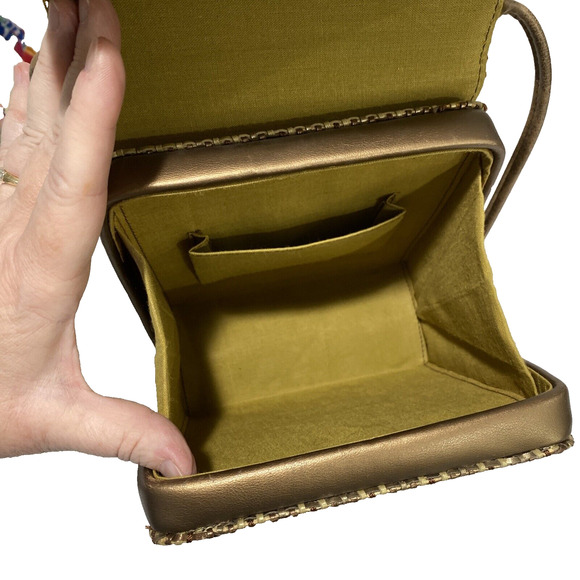 Vintage Mid Century Box Style Purse Shoulder Bag Brown Gold Woven Elegant Chic - Picture 10 of 14